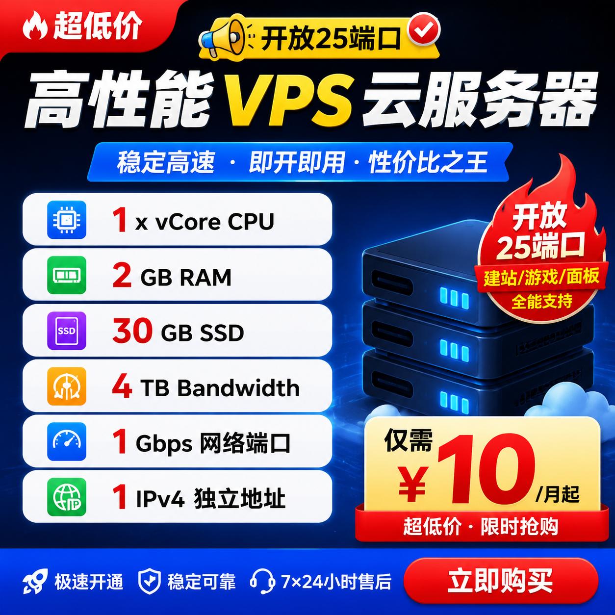 美国VPS云服务器｜2核2G 30G SSD 4TB流量 1Gbps 开放25端口 邮件服务器 洛杉矶LA/纽约NY可选 年付120